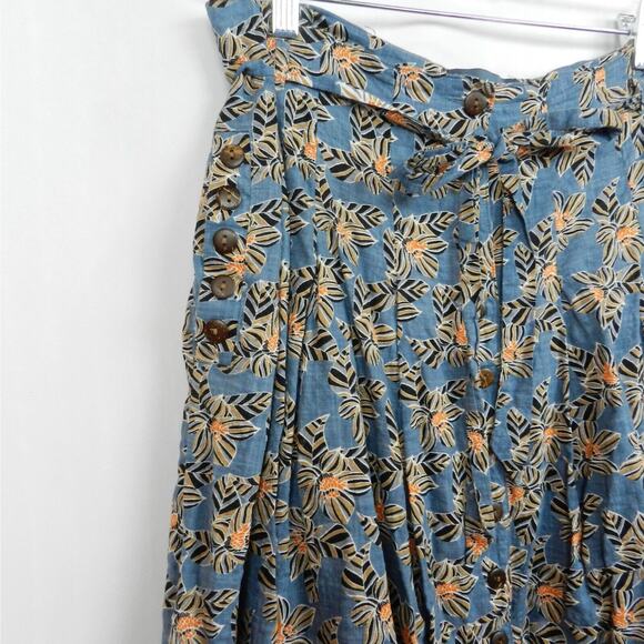 ModCloth Tropical Button Front Skirt Size 10 Blue Floral Below Knee Midi Pockets - Picture 2 of 8